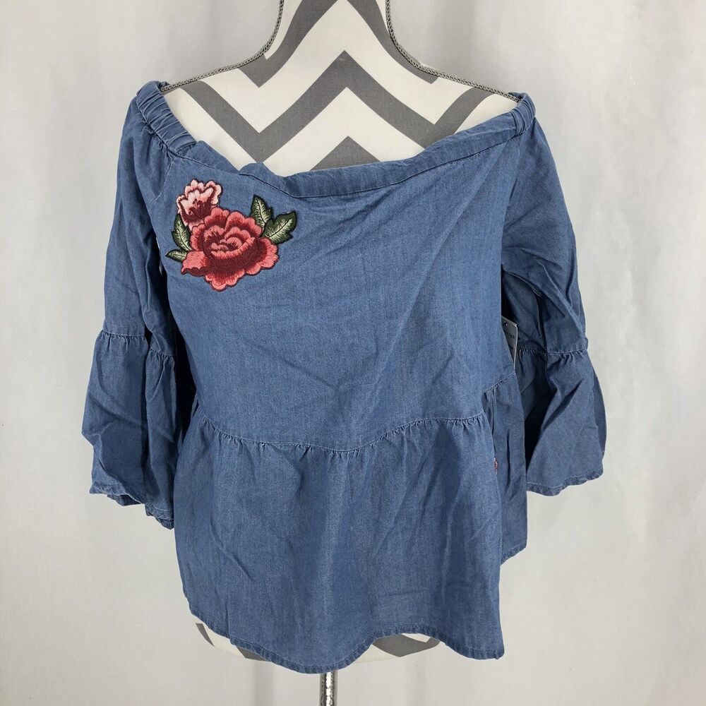 A.n.a Peasant Boho Blouse Blue Floral Flare Sleeve Shirt Large NWT
